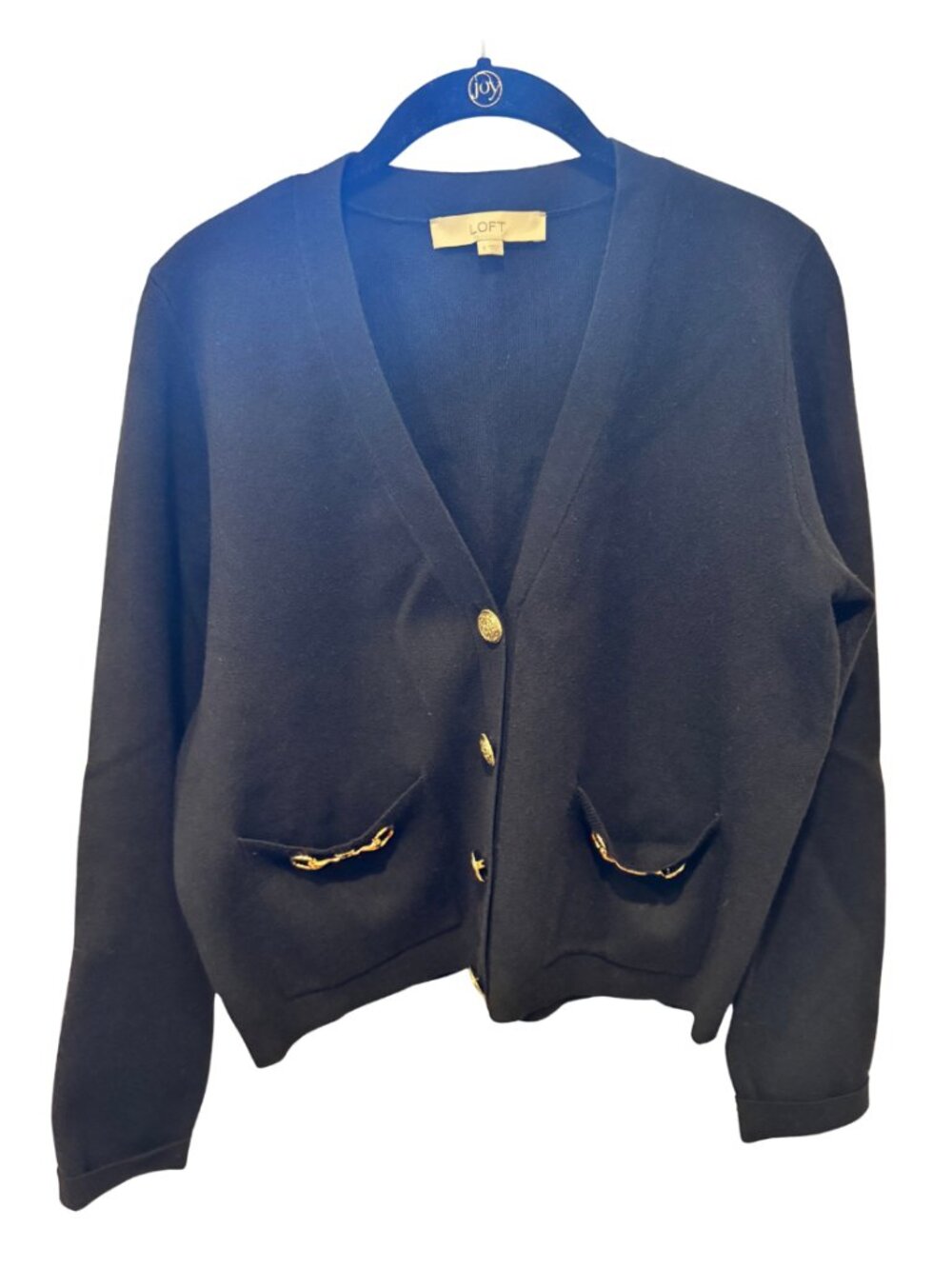 LOFT Black Gold Button Cardigan Sweater Chain Trim Pockets S